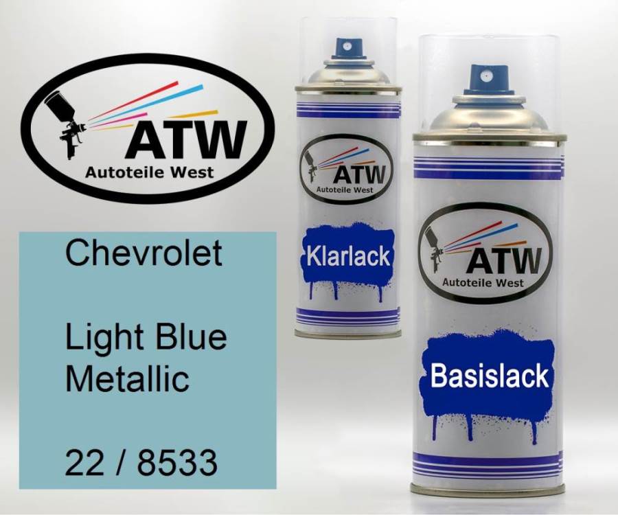 Chevrolet, Light Blue Metallic, 22 / 8533: 400ml Sprühdose + 400ml Klarlack - Set, von ATW Autoteile West.